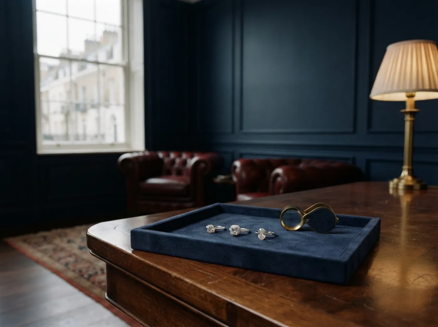 A tray of engagement rings and a loupe on a walnut table in a private viewing room