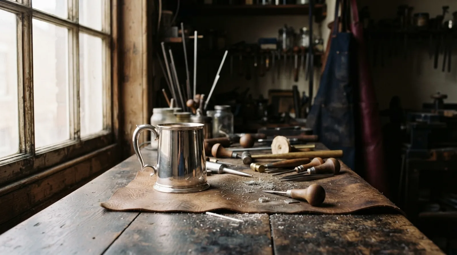 A sterling silver tankard on a silversmith's bench beside engraving tools